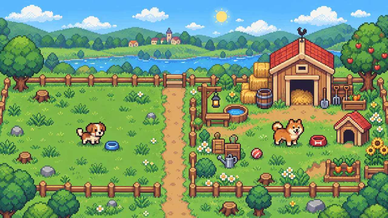 Pixel-art farmyard with a simple starter pet on one side and a richer decorated yard with tools on the other