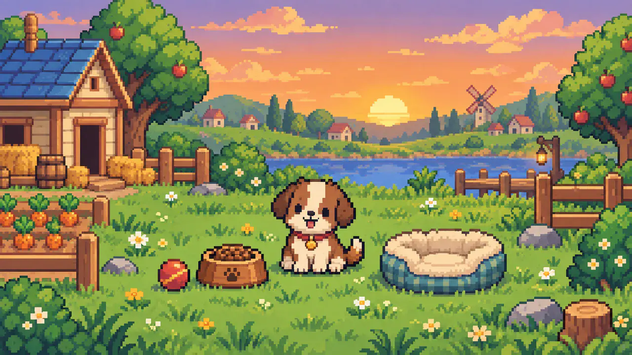 Pixel-art scene of a caretaker offering a food bowl to a happy virtual pet beside a sleeping nest