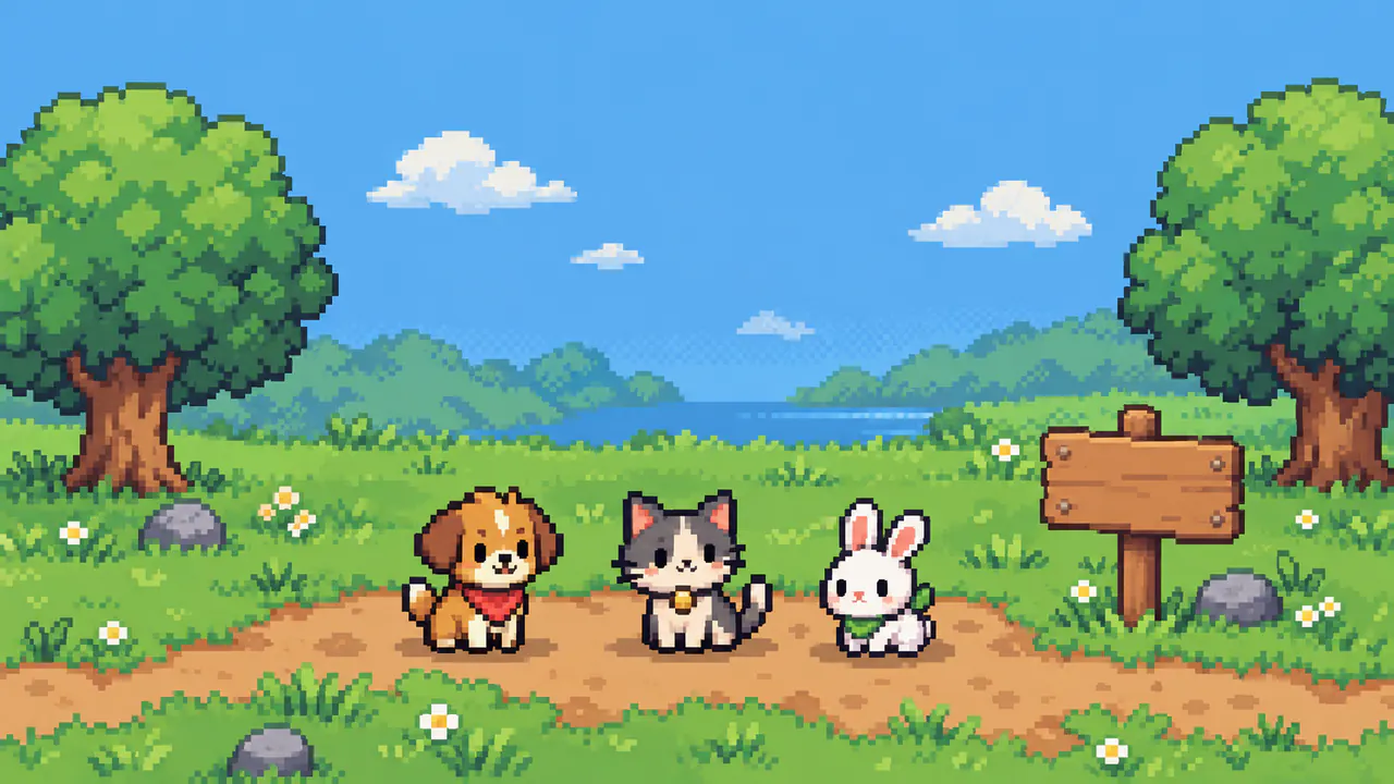Pixel-art scene of several cute virtual pets lined up in a farmyard like options to choose from