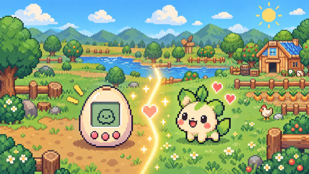 Pixel-art split scene showing a tiny handheld pet device beside a colorful modern farmyard virtual pet