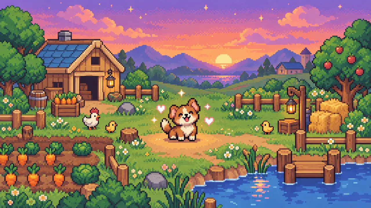 Pixel-art virtual pet showing joyful expression with soft sparkles in a twilight farmyard
