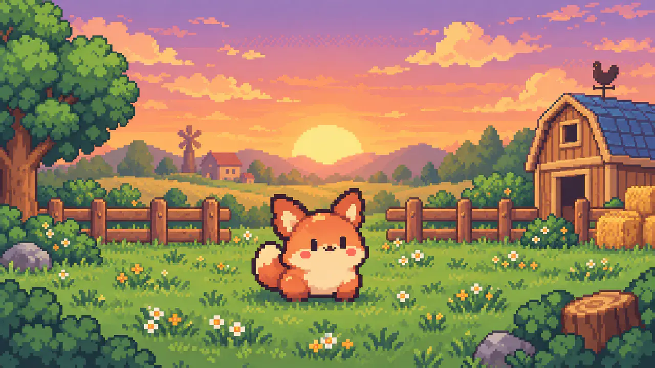 Pixel-art farmyard with a cute virtual pet standing on grass near a wooden fence at golden hour